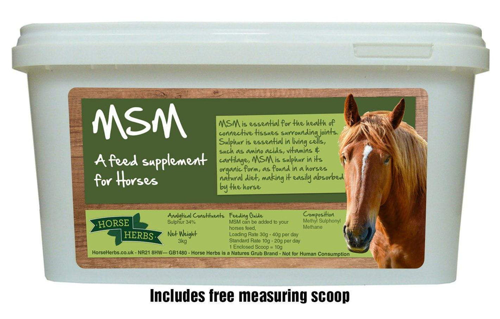 
                  
                    3kg bucket of Horse Herbs MSM methyl-sulphonyl-methane feed supplement for horses.
                  
                